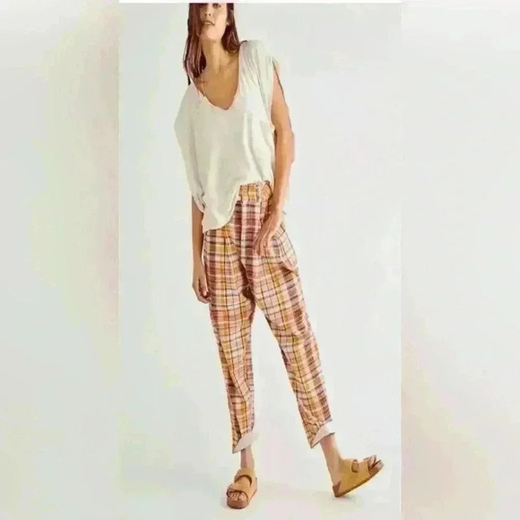 Free People Make A Stand relaxed, yellow and red plaid, wide leg pants; size M - Picture 2 of 13